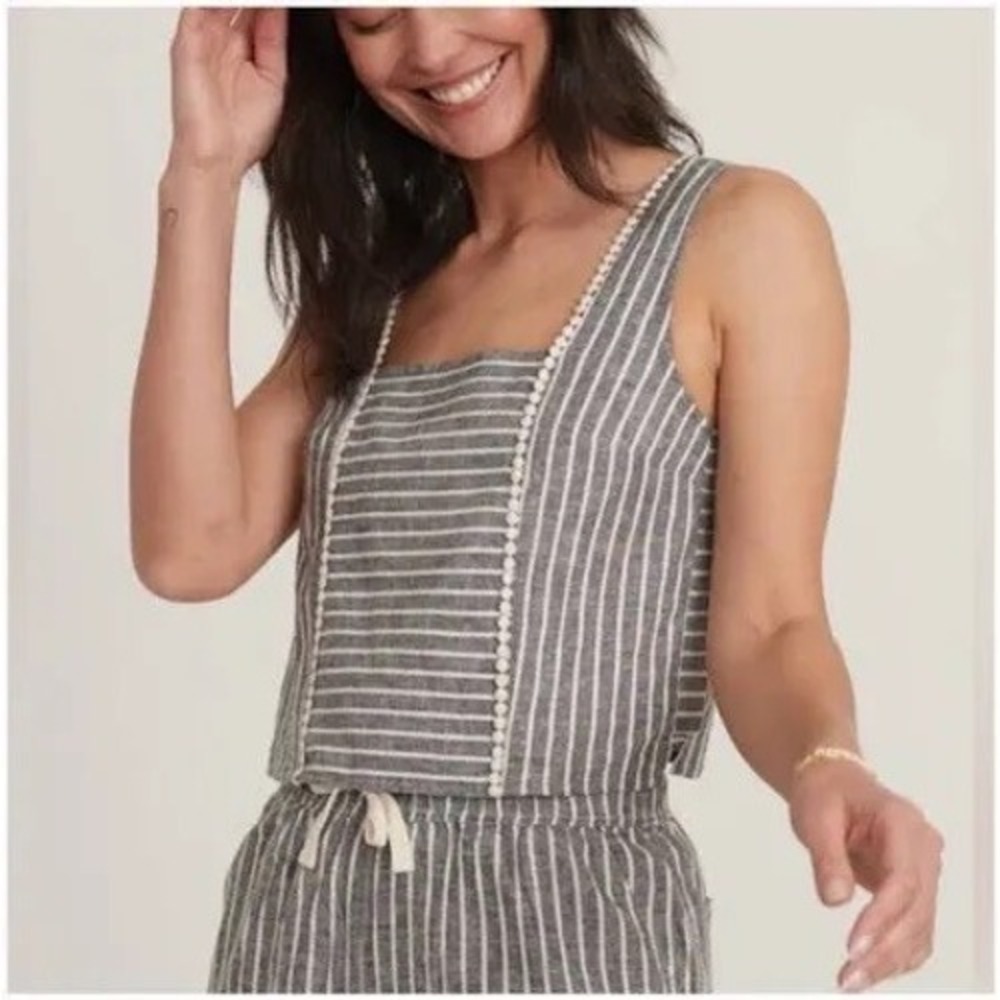 Marine Layer Womens Stella Crop Top‎ Size XS Gray Stripe Square Neck Hemp Blend